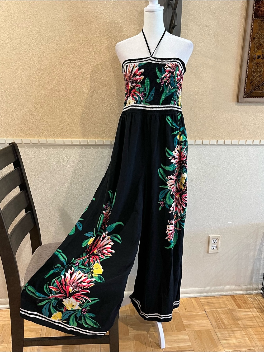Wide-leg jumpsuit/ romper w/ floral tropical print, smocked bodice. Relaxed. 3X - Picture 2 of 6